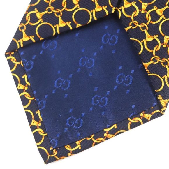 Gucci 100% Silk Cravat Bit Pattern Allover Tie Navy Gold Made In Italymade In - Picture 5 of 9